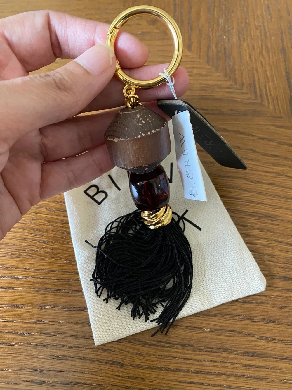 J. Crew Black Tassel Keychain Bag Charm with Gold, Stone, & Brown Accents